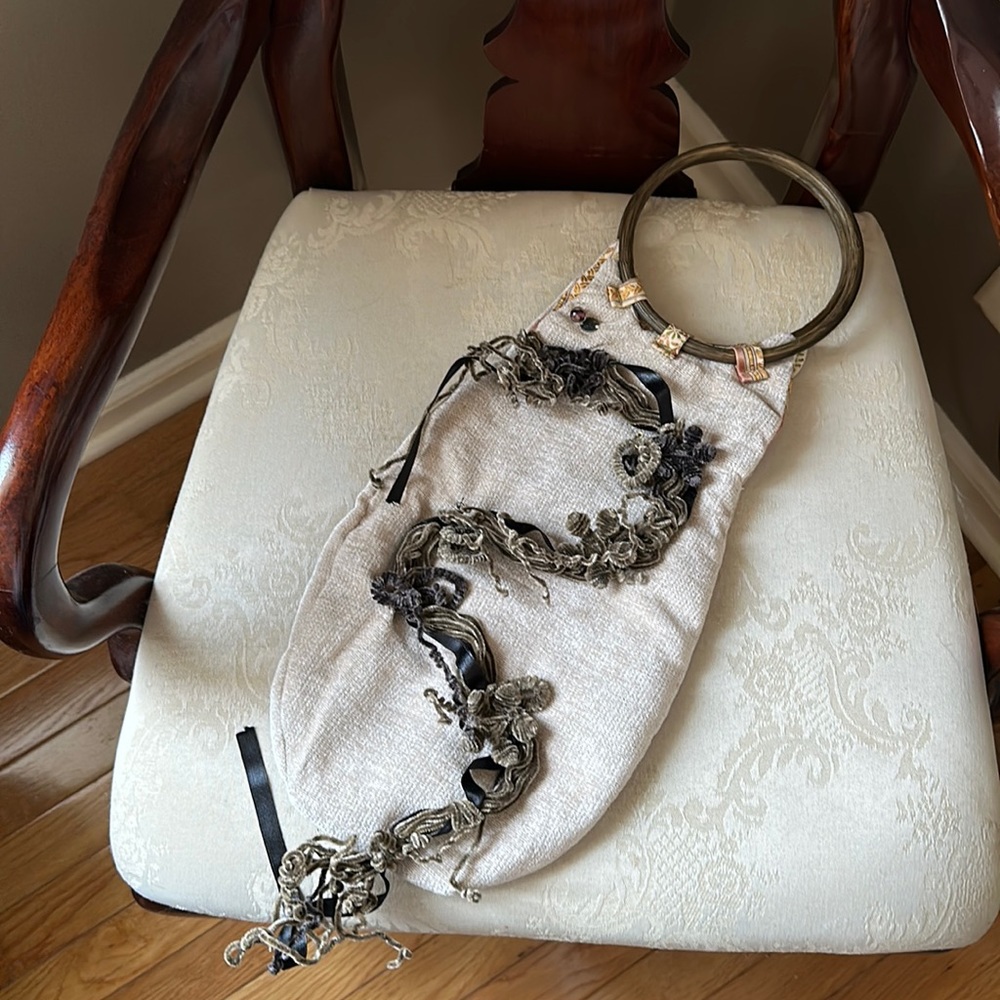 Italian Rosamunda handcrafted fabric bag, wooden handles